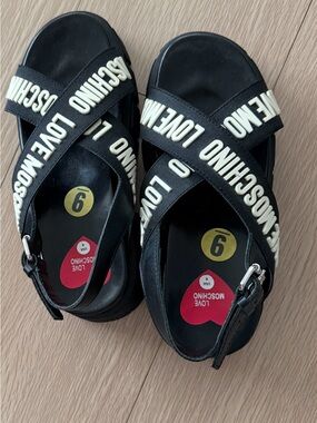 Love Moschino Black Sandals with Cream Logo Straps wedge